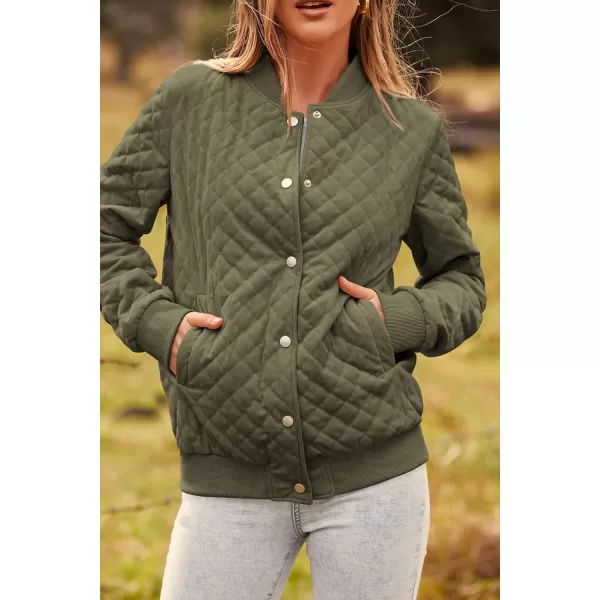 imagePRETTYGARDEN Womens Fall Quilted Bomber Jacket Long Sleeve Button Down Outerwear Trendy Casual Winter Coats With PocketsArmy Green