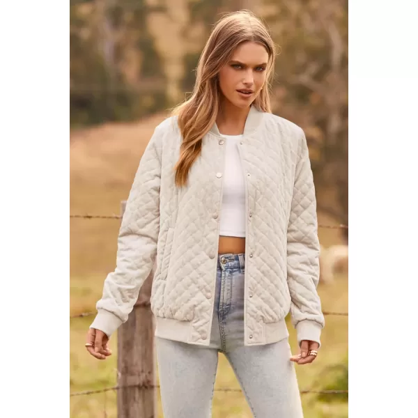 imagePRETTYGARDEN Womens Fall Quilted Bomber Jacket Long Sleeve Button Down Outerwear Trendy Casual Winter Coats With PocketsBeige