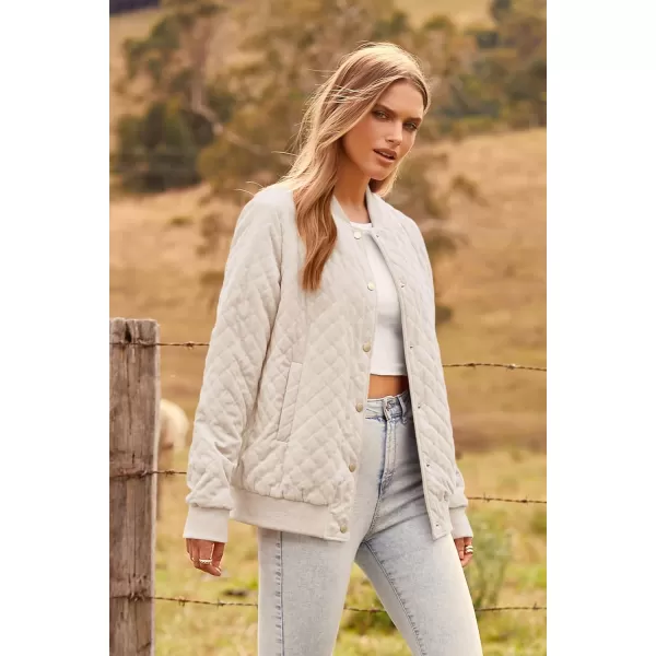 imagePRETTYGARDEN Womens Fall Quilted Bomber Jacket Long Sleeve Button Down Outerwear Trendy Casual Winter Coats With PocketsBeige