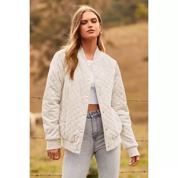 imagePRETTYGARDEN Womens Fall Quilted Bomber Jacket Long Sleeve Button Down Outerwear Trendy Casual Winter Coats With PocketsBeige