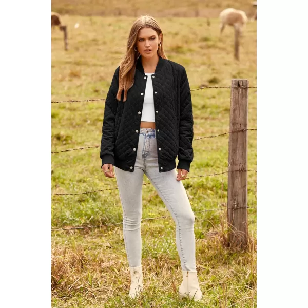 imagePRETTYGARDEN Womens Fall Quilted Bomber Jacket Long Sleeve Button Down Outerwear Trendy Casual Winter Coats With PocketsBlack