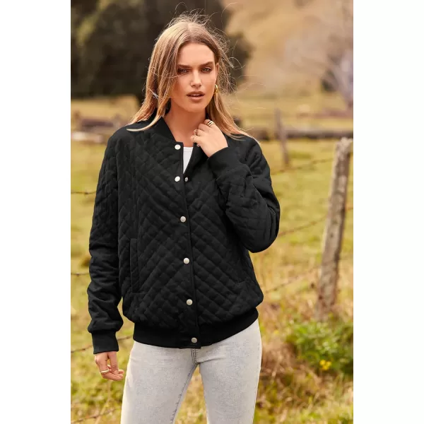 imagePRETTYGARDEN Womens Fall Quilted Bomber Jacket Long Sleeve Button Down Outerwear Trendy Casual Winter Coats With PocketsBlack