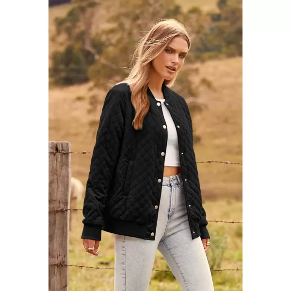 imagePRETTYGARDEN Womens Fall Quilted Bomber Jacket Long Sleeve Button Down Outerwear Trendy Casual Winter Coats With PocketsBlack