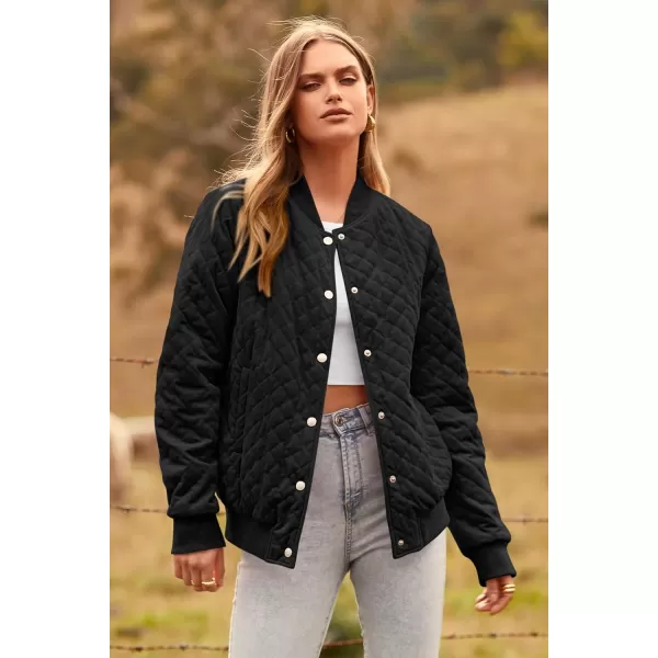 imagePRETTYGARDEN Womens Fall Quilted Bomber Jacket Long Sleeve Button Down Outerwear Trendy Casual Winter Coats With PocketsBlack