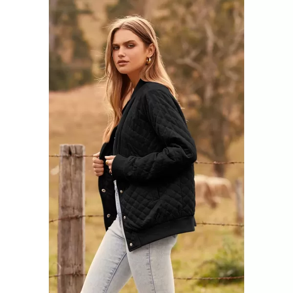 imagePRETTYGARDEN Womens Fall Quilted Bomber Jacket Long Sleeve Button Down Outerwear Trendy Casual Winter Coats With PocketsBlack
