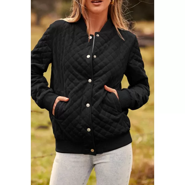 imagePRETTYGARDEN Womens Fall Quilted Bomber Jacket Long Sleeve Button Down Outerwear Trendy Casual Winter Coats With PocketsBlack