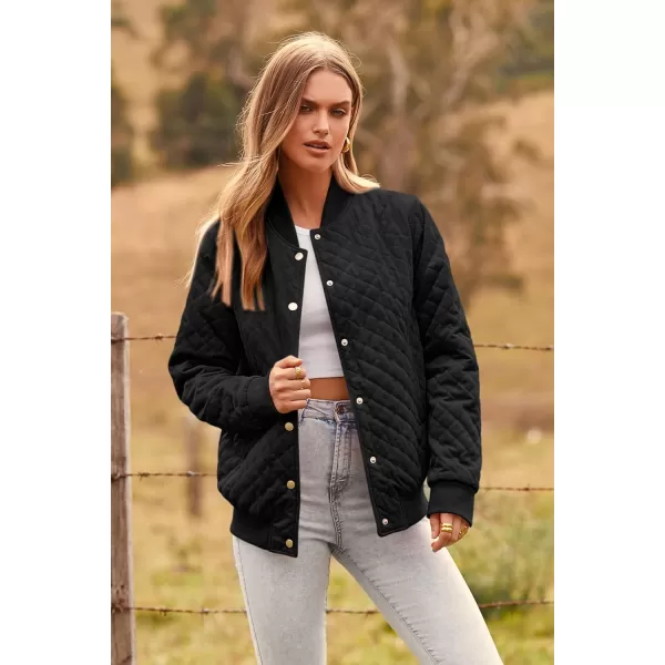 imagePRETTYGARDEN Womens Fall Quilted Bomber Jacket Long Sleeve Button Down Outerwear Trendy Casual Winter Coats With PocketsBlack
