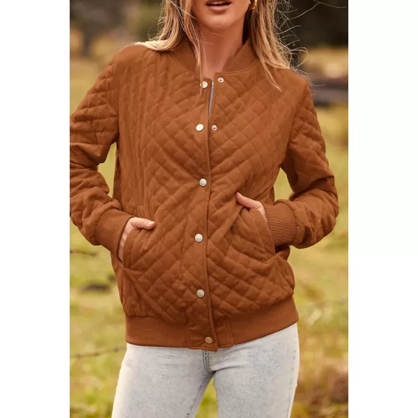 imagePRETTYGARDEN Womens Fall Quilted Bomber Jacket Long Sleeve Button Down Outerwear Trendy Casual Winter Coats With PocketsBrown