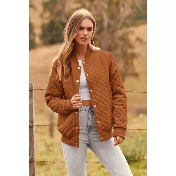 imagePRETTYGARDEN Womens Fall Quilted Bomber Jacket Long Sleeve Button Down Outerwear Trendy Casual Winter Coats With PocketsBrown