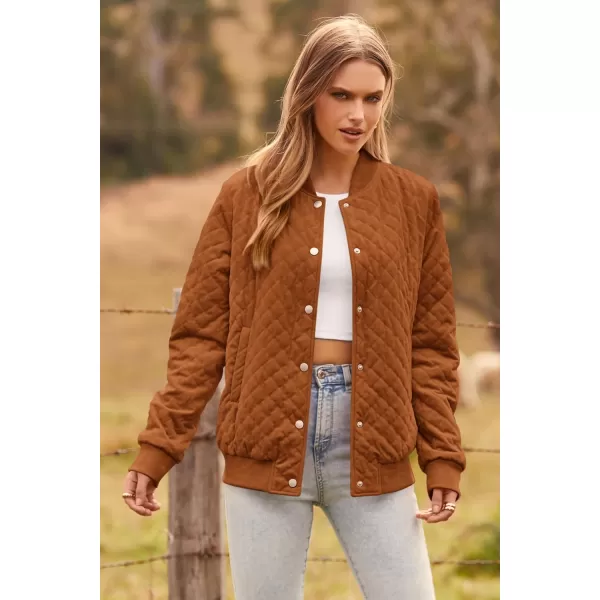 imagePRETTYGARDEN Womens Fall Quilted Bomber Jacket Long Sleeve Button Down Outerwear Trendy Casual Winter Coats With PocketsBrown