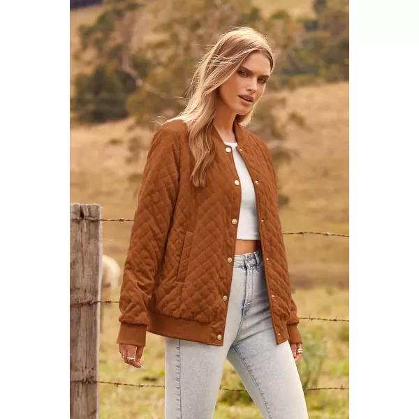 imagePRETTYGARDEN Womens Fall Quilted Bomber Jacket Long Sleeve Button Down Outerwear Trendy Casual Winter Coats With PocketsBrown