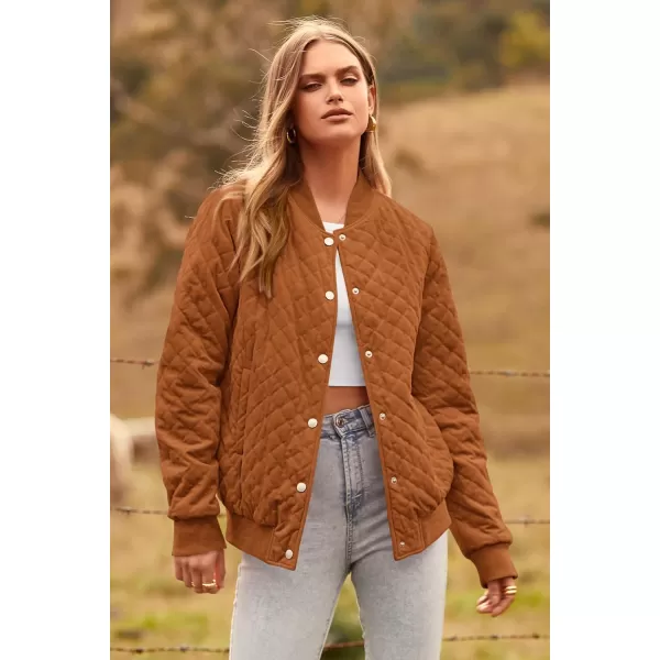 imagePRETTYGARDEN Womens Fall Quilted Bomber Jacket Long Sleeve Button Down Outerwear Trendy Casual Winter Coats With PocketsBrown