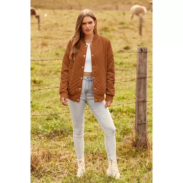 imagePRETTYGARDEN Womens Fall Quilted Bomber Jacket Long Sleeve Button Down Outerwear Trendy Casual Winter Coats With PocketsBrown