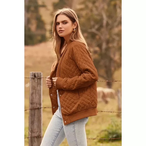 imagePRETTYGARDEN Womens Fall Quilted Bomber Jacket Long Sleeve Button Down Outerwear Trendy Casual Winter Coats With PocketsBrown