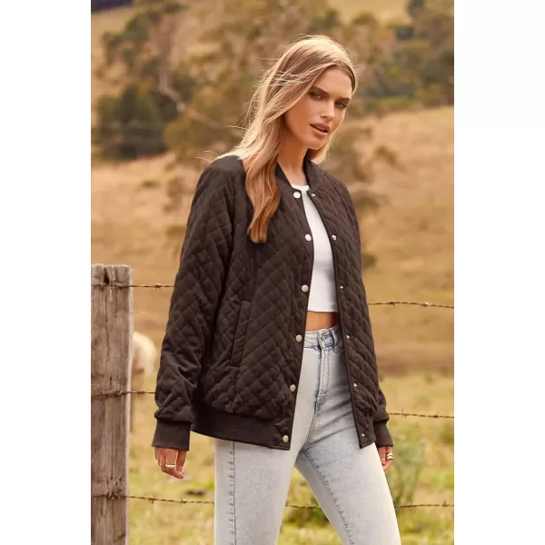 imagePRETTYGARDEN Womens Fall Quilted Bomber Jacket Long Sleeve Button Down Outerwear Trendy Casual Winter Coats With PocketsCoffee