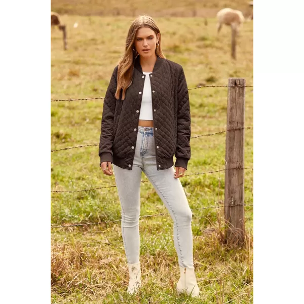 imagePRETTYGARDEN Womens Fall Quilted Bomber Jacket Long Sleeve Button Down Outerwear Trendy Casual Winter Coats With PocketsCoffee