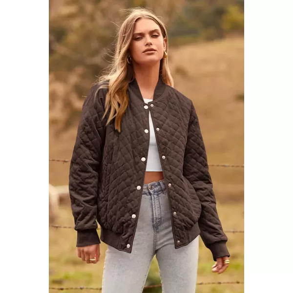 imagePRETTYGARDEN Womens Fall Quilted Bomber Jacket Long Sleeve Button Down Outerwear Trendy Casual Winter Coats With PocketsCoffee