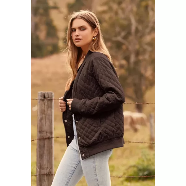 imagePRETTYGARDEN Womens Fall Quilted Bomber Jacket Long Sleeve Button Down Outerwear Trendy Casual Winter Coats With PocketsCoffee