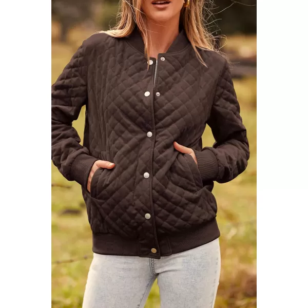 imagePRETTYGARDEN Womens Fall Quilted Bomber Jacket Long Sleeve Button Down Outerwear Trendy Casual Winter Coats With PocketsCoffee
