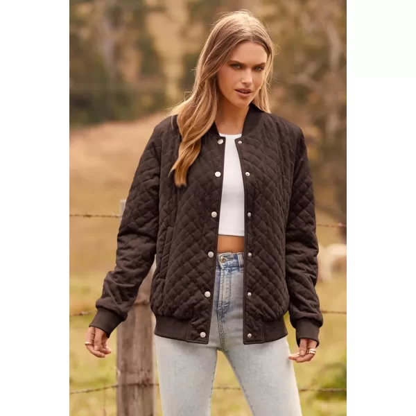 imagePRETTYGARDEN Womens Fall Quilted Bomber Jacket Long Sleeve Button Down Outerwear Trendy Casual Winter Coats With PocketsCoffee