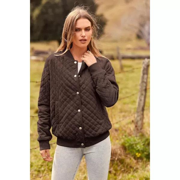 imagePRETTYGARDEN Womens Fall Quilted Bomber Jacket Long Sleeve Button Down Outerwear Trendy Casual Winter Coats With PocketsCoffee