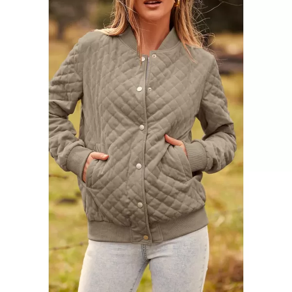 imagePRETTYGARDEN Womens Fall Quilted Bomber Jacket Long Sleeve Button Down Outerwear Trendy Casual Winter Coats With PocketsKhaki