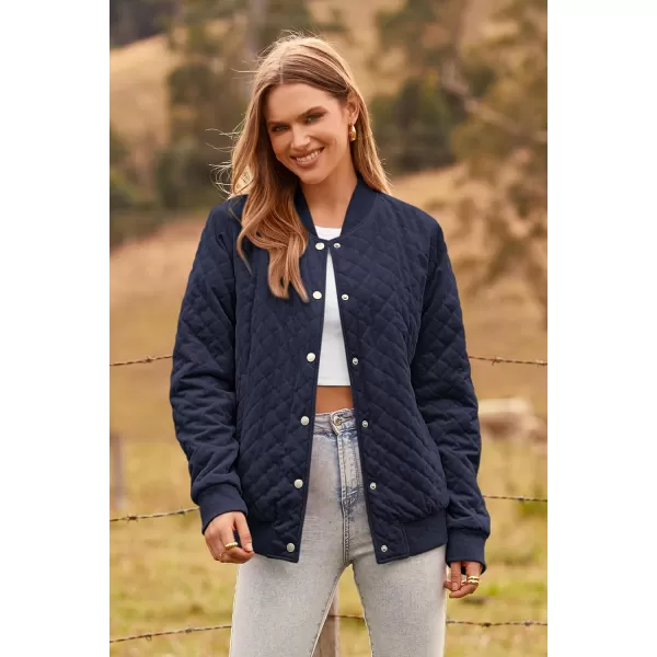 imagePRETTYGARDEN Womens Fall Quilted Bomber Jacket Long Sleeve Button Down Outerwear Trendy Casual Winter Coats With PocketsNavy