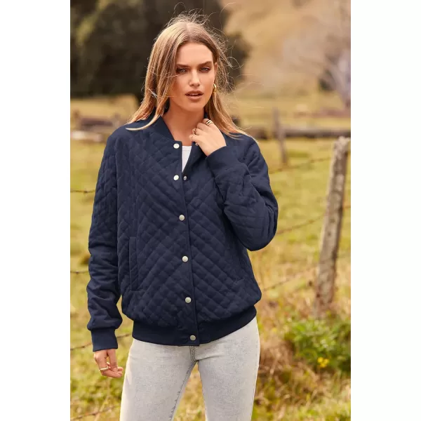 imagePRETTYGARDEN Womens Fall Quilted Bomber Jacket Long Sleeve Button Down Outerwear Trendy Casual Winter Coats With PocketsNavy