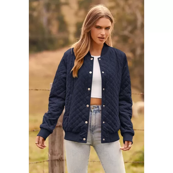imagePRETTYGARDEN Womens Fall Quilted Bomber Jacket Long Sleeve Button Down Outerwear Trendy Casual Winter Coats With PocketsNavy