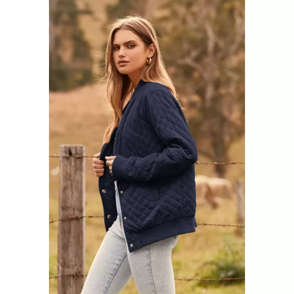 imagePRETTYGARDEN Womens Fall Quilted Bomber Jacket Long Sleeve Button Down Outerwear Trendy Casual Winter Coats With PocketsNavy