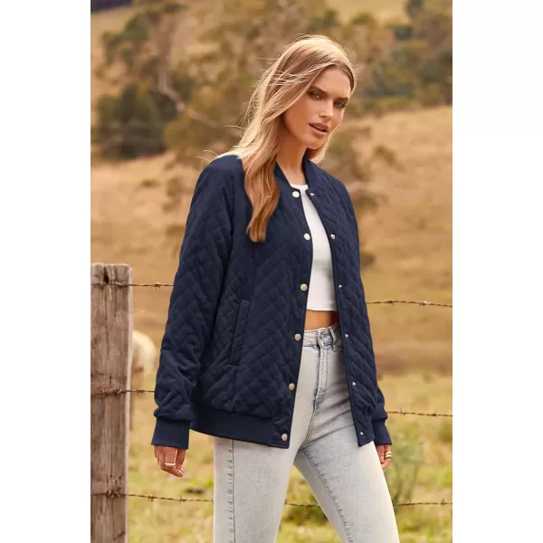 imagePRETTYGARDEN Womens Fall Quilted Bomber Jacket Long Sleeve Button Down Outerwear Trendy Casual Winter Coats With PocketsNavy