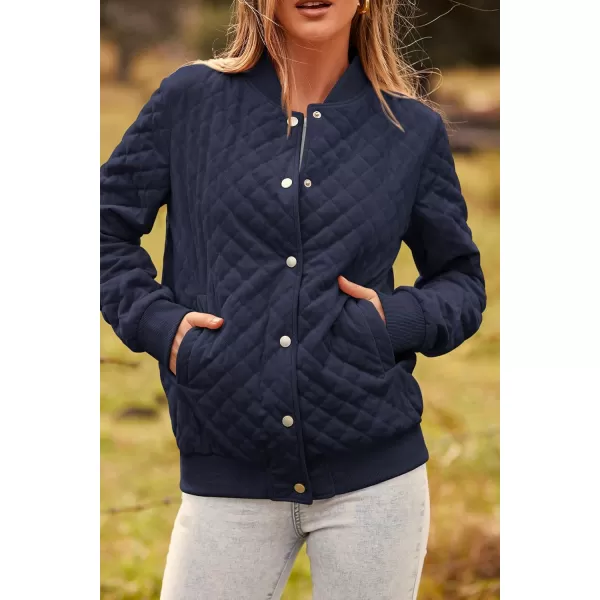 imagePRETTYGARDEN Womens Fall Quilted Bomber Jacket Long Sleeve Button Down Outerwear Trendy Casual Winter Coats With PocketsNavy