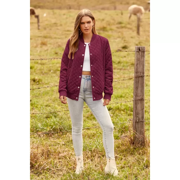 imagePRETTYGARDEN Womens Fall Quilted Bomber Jacket Long Sleeve Button Down Outerwear Trendy Casual Winter Coats With PocketsWine Red