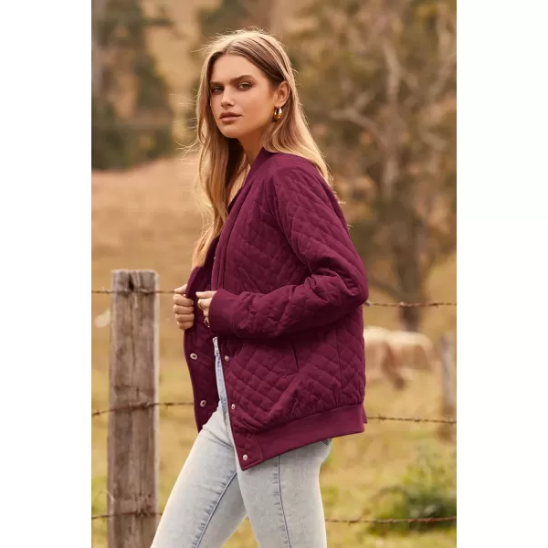 imagePRETTYGARDEN Womens Fall Quilted Bomber Jacket Long Sleeve Button Down Outerwear Trendy Casual Winter Coats With PocketsWine Red