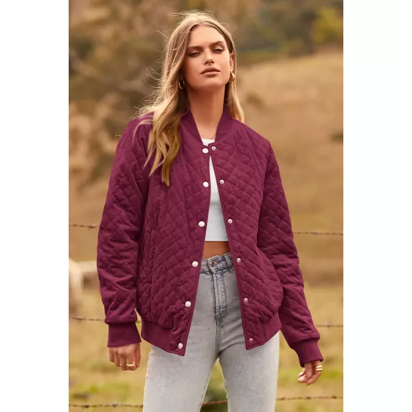imagePRETTYGARDEN Womens Fall Quilted Bomber Jacket Long Sleeve Button Down Outerwear Trendy Casual Winter Coats With PocketsWine Red
