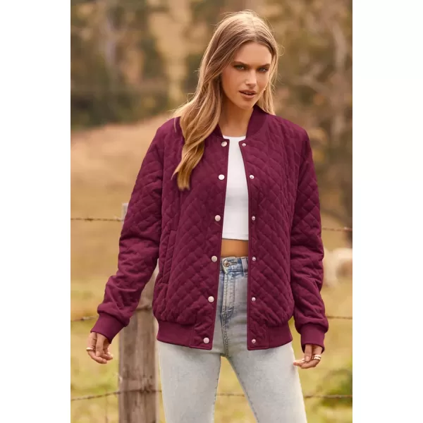 imagePRETTYGARDEN Womens Fall Quilted Bomber Jacket Long Sleeve Button Down Outerwear Trendy Casual Winter Coats With PocketsWine Red