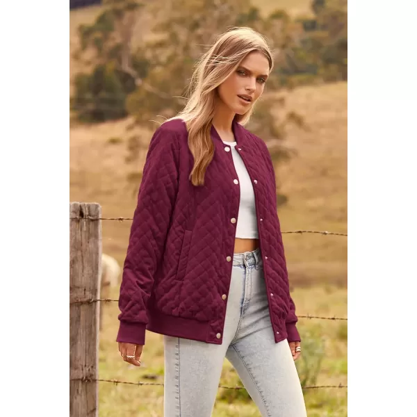 imagePRETTYGARDEN Womens Fall Quilted Bomber Jacket Long Sleeve Button Down Outerwear Trendy Casual Winter Coats With PocketsWine Red