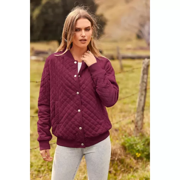 imagePRETTYGARDEN Womens Fall Quilted Bomber Jacket Long Sleeve Button Down Outerwear Trendy Casual Winter Coats With PocketsWine Red