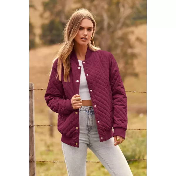 imagePRETTYGARDEN Womens Fall Quilted Bomber Jacket Long Sleeve Button Down Outerwear Trendy Casual Winter Coats With PocketsWine Red