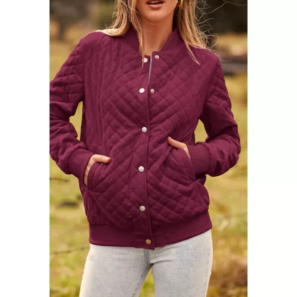 imagePRETTYGARDEN Womens Fall Quilted Bomber Jacket Long Sleeve Button Down Outerwear Trendy Casual Winter Coats With PocketsWine Red