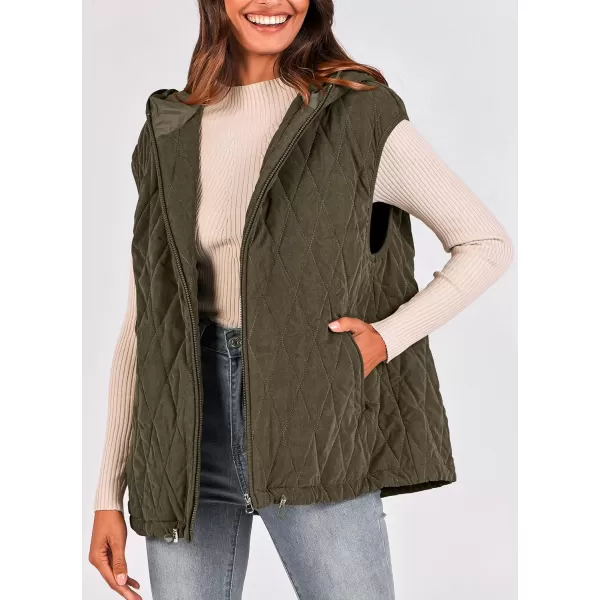 imagePRETTYGARDEN Womens Fall Quilted Vest Casual Sleeveless Hooded Zip Up Jacket Winter Coat OuterwearArmy Green