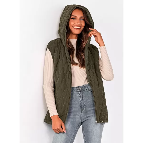imagePRETTYGARDEN Womens Fall Quilted Vest Casual Sleeveless Hooded Zip Up Jacket Winter Coat OuterwearArmy Green