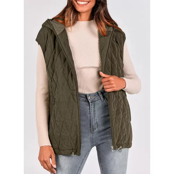 imagePRETTYGARDEN Womens Fall Quilted Vest Casual Sleeveless Hooded Zip Up Jacket Winter Coat OuterwearArmy Green