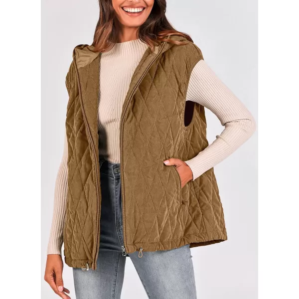 imagePRETTYGARDEN Womens Fall Quilted Vest Casual Sleeveless Hooded Zip Up Jacket Winter Coat OuterwearCamel