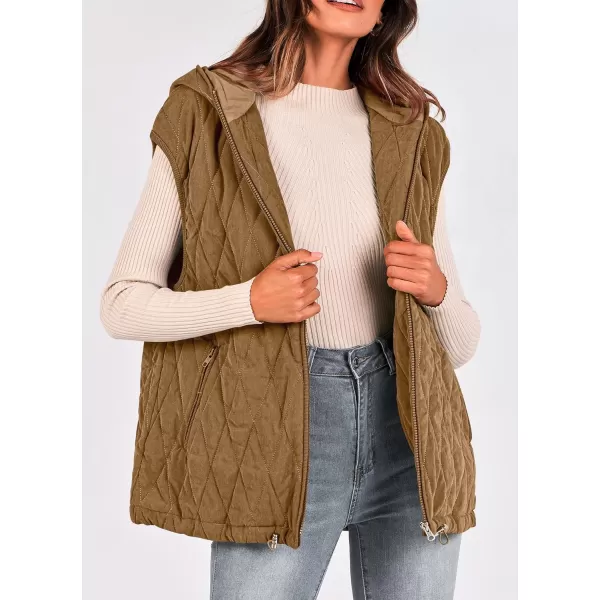 imagePRETTYGARDEN Womens Fall Quilted Vest Casual Sleeveless Hooded Zip Up Jacket Winter Coat OuterwearCamel