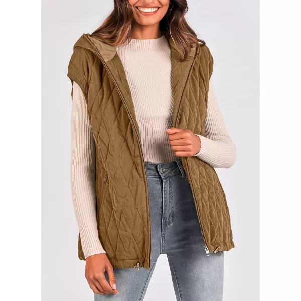 imagePRETTYGARDEN Womens Fall Quilted Vest Casual Sleeveless Hooded Zip Up Jacket Winter Coat OuterwearCamel