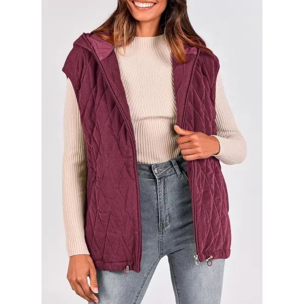 imagePRETTYGARDEN Womens Fall Quilted Vest Casual Sleeveless Hooded Zip Up Jacket Winter Coat OuterwearWine Red