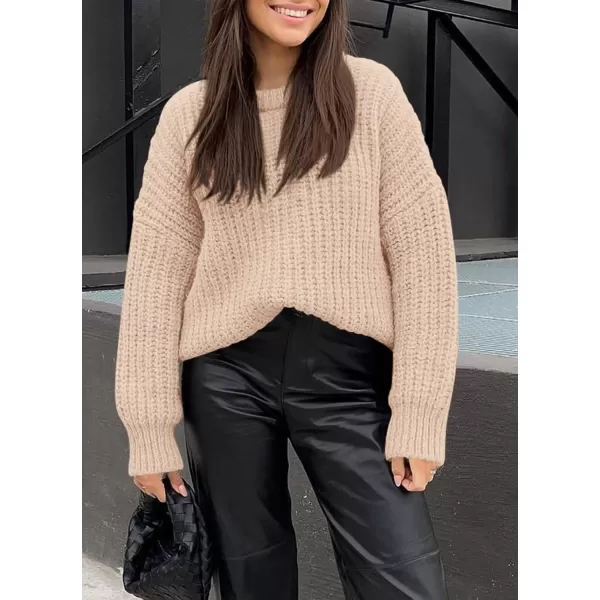 imagePRETTYGARDEN Womens Fall Sweaters Casual Long Sleeve Pullover Crewneck Ribbed Knit Jumper Tops Plain BlouseApricot