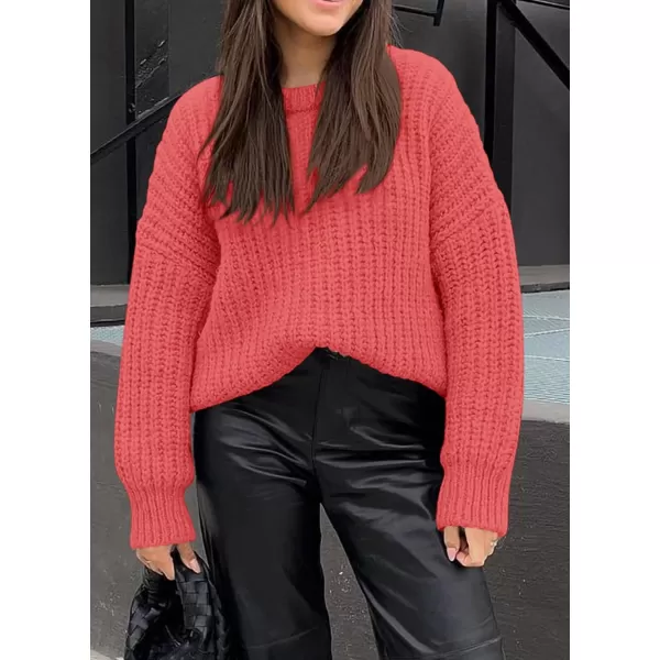 imagePRETTYGARDEN Womens Fall Sweaters Casual Long Sleeve Pullover Crewneck Ribbed Knit Jumper Tops Plain BlouseCoral Pink