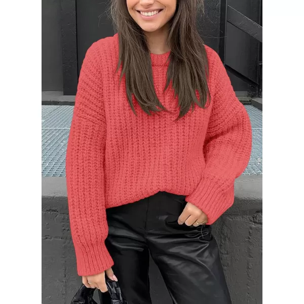 imagePRETTYGARDEN Womens Fall Sweaters Casual Long Sleeve Pullover Crewneck Ribbed Knit Jumper Tops Plain BlouseCoral Pink
